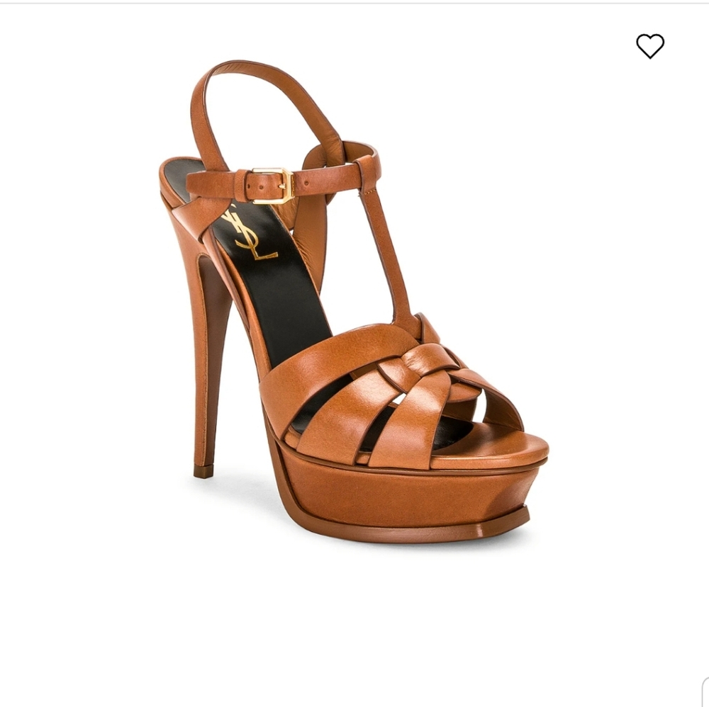YSL Tribute Sandal Heels Brown Leather